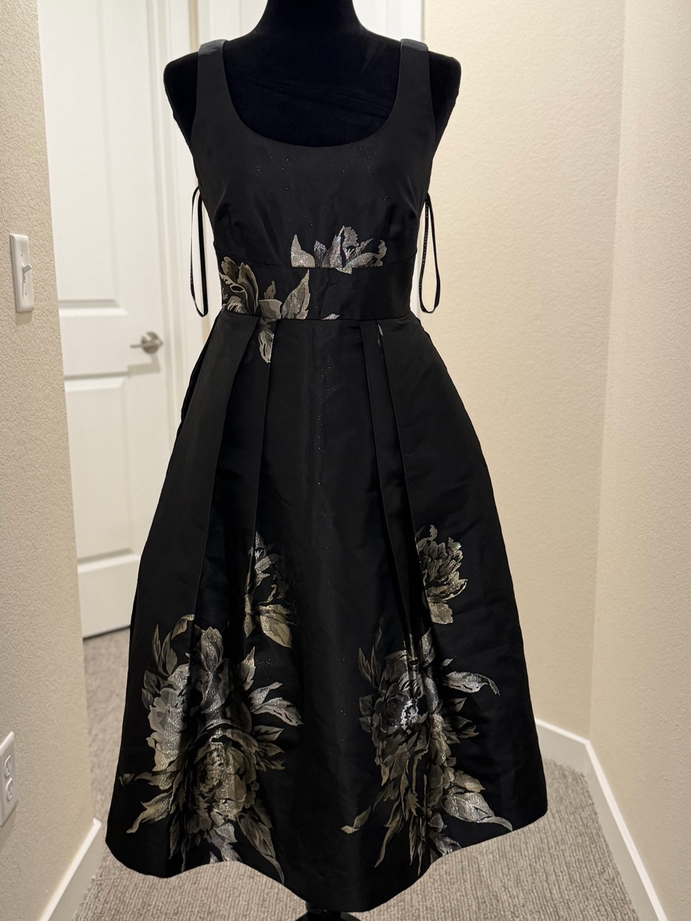 Ivanka Trump Black Satin Floral Fit-and-Flare Girls Dress with Metallic Accents